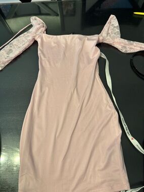 Lucy in the Sky Blush Pink Off-Shoulder Lace Sleeve Mini Dress